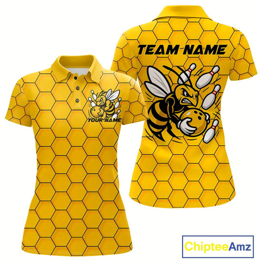 Goofygear Custom Honeycomb Pattern Bee Bowling Team Women Polo Shirts, Bowling League Shirts