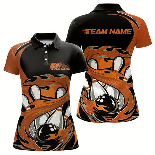 Goofygear Black And Orange Custom Flame Bowling Polo Shirt For Women, Team Bowling Jerseys