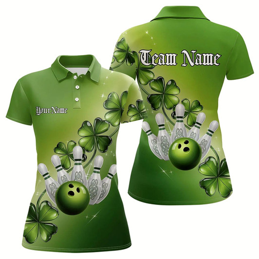 Goofygear Custom Green Shamprock Saint Patricks Bowling Womens Polo Shirts, Lucky Bowling Team Shirt Style 2