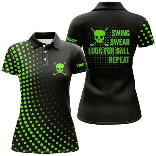 Goofygear Womens Golf Polo Shirts Custom Swing Swear Look For Ball Repeat Dot Pattern Skull Golf Shirt Green