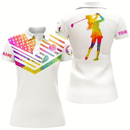 Goofygear Womens Golf Polo Shirt Watercolor American Flag Custom Name White Golf Shirt Style 5