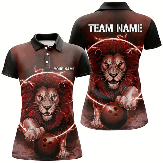 Goofygear Custom Lion Bowling Polo Shirts For Women, Ladies Bowling Shirts Bowling Uniform Red