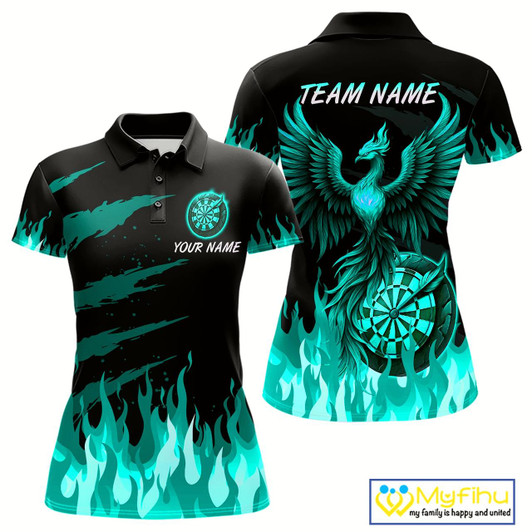 Goofygear Custom Turquoise Flames Phoenix Dartboard Dart Polo Jersey For Women Dart Tournament Team Shirts