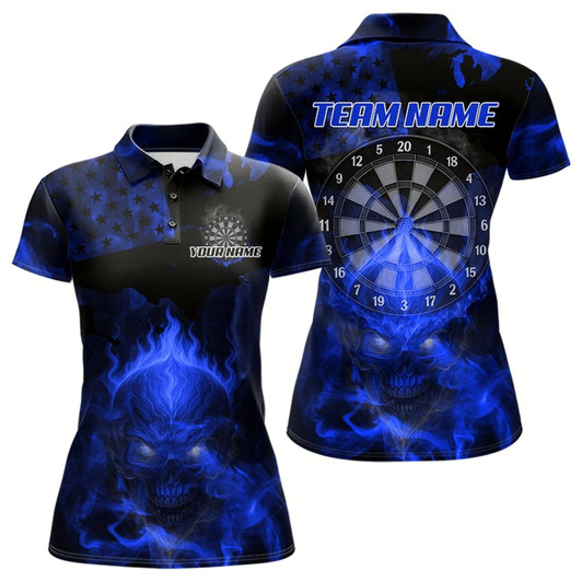 Goofygear Us Flag & Skull Custom Patriotic Blue Dart Polo Shirts For Women, Dart Team Jerseys