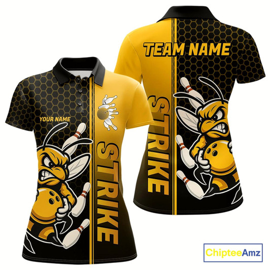 Goofygear Custom Strike Bee Bowling Polo Shirts For Women, Bee Bowling Team Bowlers Outfit