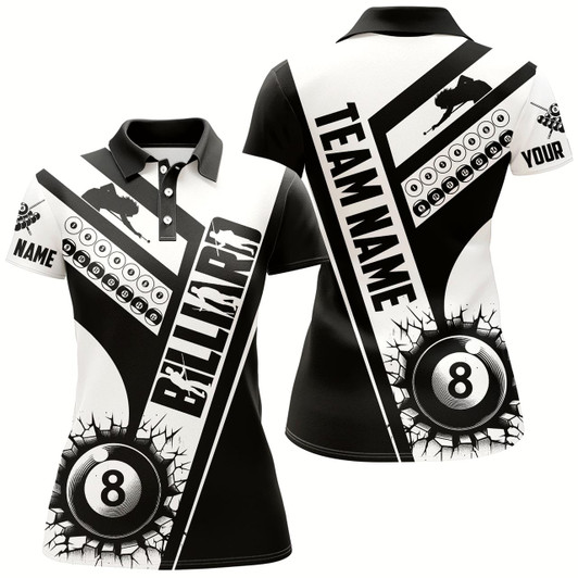 Goofygear Custom Black White Cracky Billiard 8 Ball Pool Women Polo Shirts, Unique Pool Balls Shirts For Team