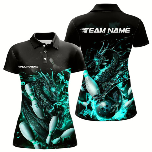 Goofygear Custom Black And Blue Flame Dragon Womens Bowling Polo Shirt, Bowling Tournament Team Shirt