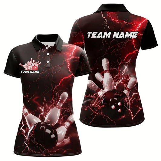 Goofygear Custom Black And Red Thunder Lightning Bowling Tournament Polo Shirts For Women