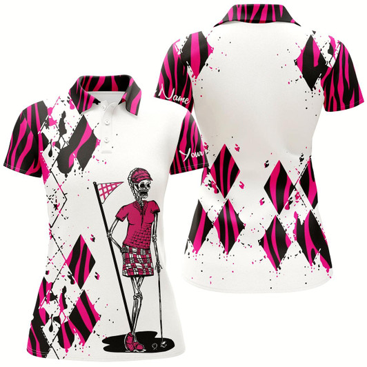 Goofygear Women Golf Polo Shirts Custom Funny Ladies Golf Skull Pink Zebra Pattern Golf Shirt
