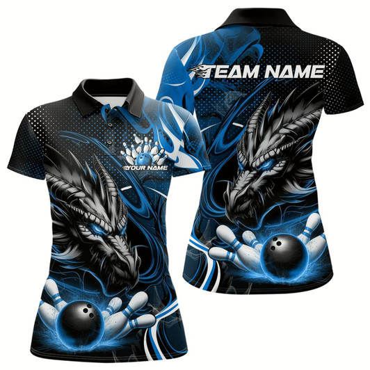 Goofygear Custom Black And Blue Flame Dragon Bowling Jerseys, Dragon Bowling Team Women Polo Shirts