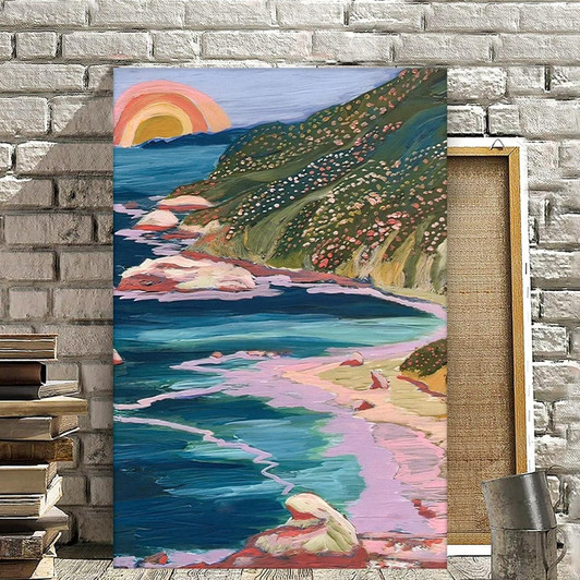 Big Sur California Colorful Travel Poster San Francisco Beach Coastal Decor Pacific Highway Landscape Poppies Rainbow