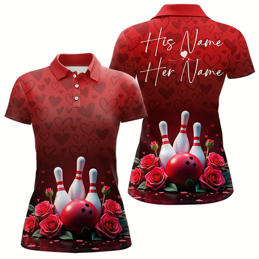 Goofygear Red Heart Theme Custom Valentines Bowling Polo Shirt For Women, Couple Bowling Outfits