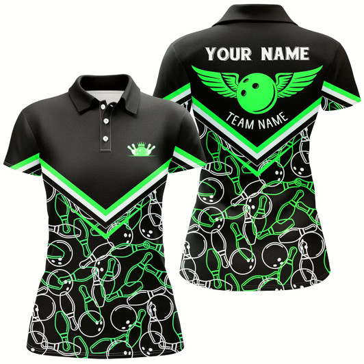 Goofygear Personalized 3D Bowling Shirts For Women, Custom Black Green Short Sleeve Polo Bowling Shirt For Girls