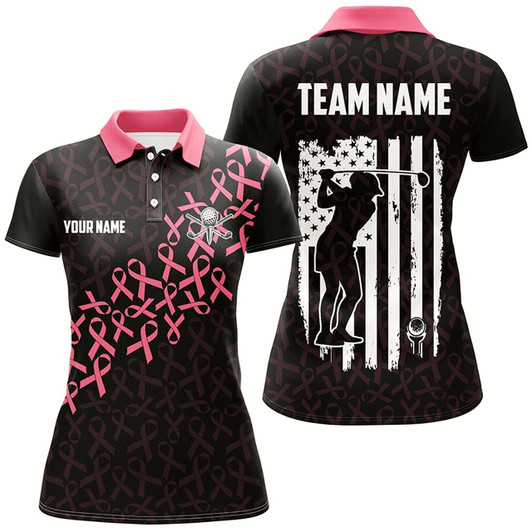 Goofygear Pink Ribbons Breast Cancer Awareness Women Golf Polo Shirt Custom American Flag Golf Apparel For Women