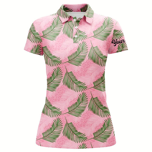 Goofygear Women Golf Polo Shirt Custom Pink Leopard Palm Leaves Tropical Golf Shirts, Womens Golf Clothes