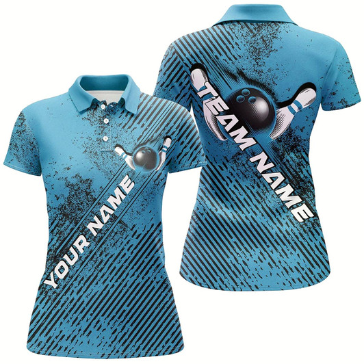 Goofygear Custom Blue Bowling Jerseys, Grunge Bowling Polo Shirts For Women Bowlers Outfits