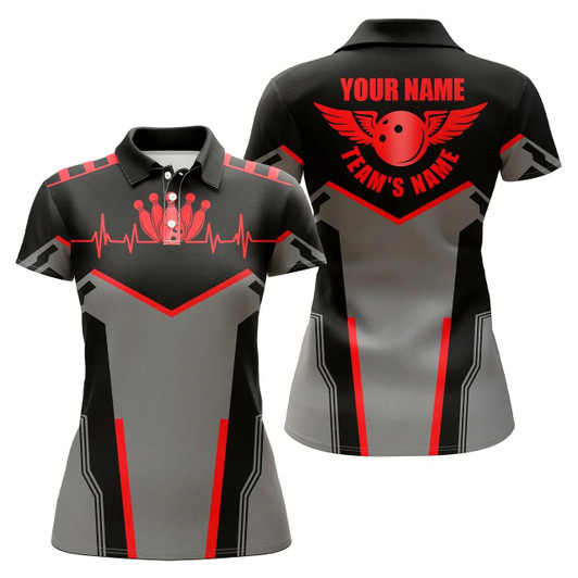 Goofygear Bowling Shirts For Women Custom Name And Team Name Bowling Ball And Pins Womens Polo Shirts Red
