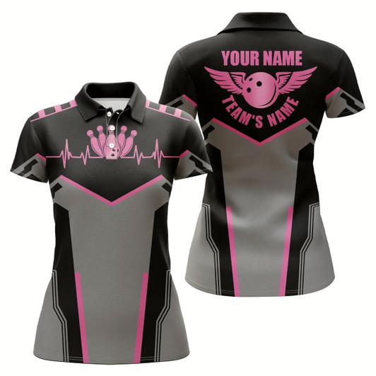 Goofygear Bowling Shirts For Women Custom Name And Team Name Bowling Ball And Pins Womens Polo Shirts Pink