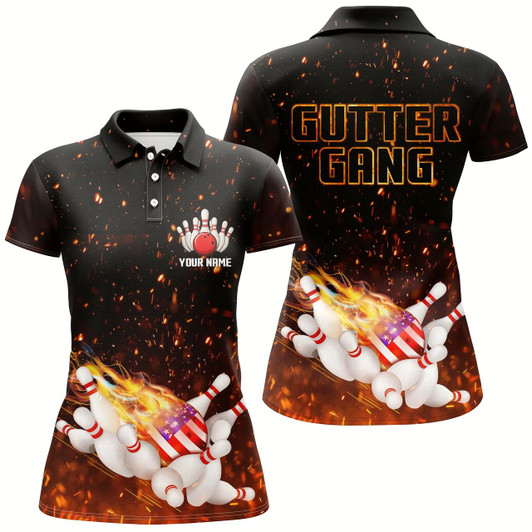 Goofygear Personalized Flame American Flag Bowling Shirts For Women Custom Name Gutter Gang Bowling Polo Shirt