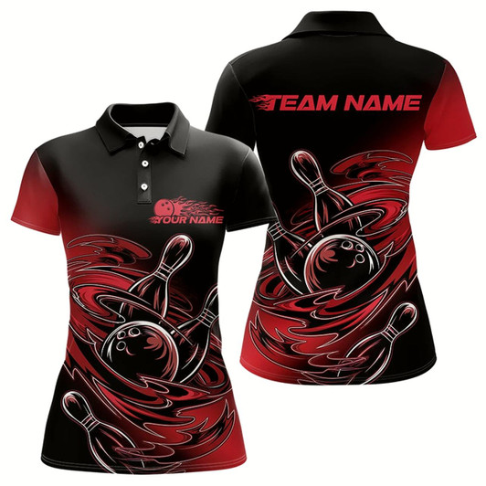 Goofygear Custom Striking Black And Red Flame Bowling Polo Shirts For Women, Red Bowling Jerseys