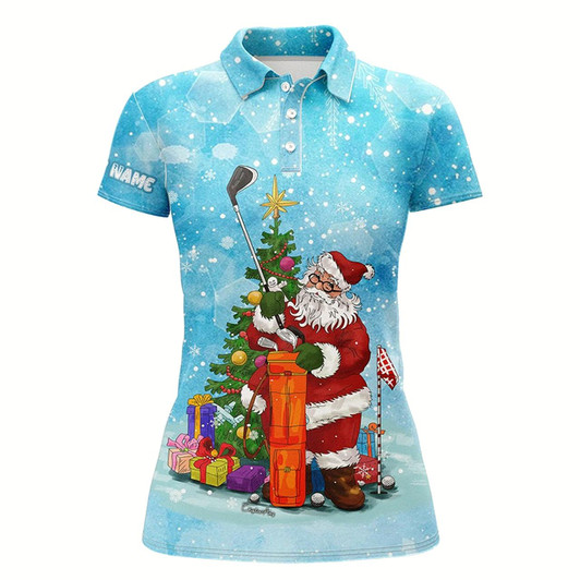 Goofygear Christmas Womens Golf Polo Shirt Custom Blue Snow Winter Santa Golfer, Christmas Golf Gift For Women