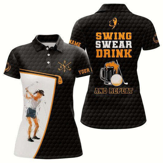 Goofygear Swing Swear Drink And Repeat Black Womens Golf Polo Shirt Custom Beer Golf Shirts For Women