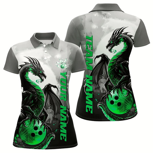 Goofygear Black And Green Custom Dragon Bowling Polo Shirts For Women, Dragon Bowling Team Shirts