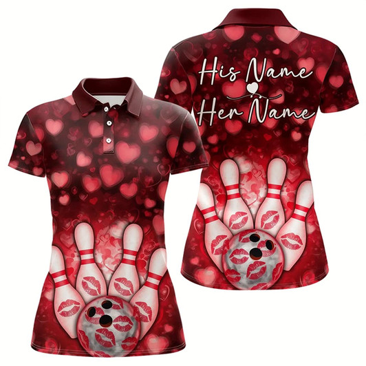 Goofygear Black And Red Heart Custom Valentines Bowling Polo Shirt For Women, Bowling Couple Outfit