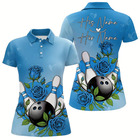 Goofygear Custom Blue Valentine Bowling Polo Shirt For Women, Bowling And Roses Couple Bowling Outfit