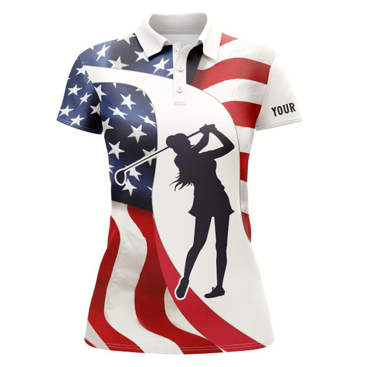 Goofygear Golf Polo Shirts For Women American Flag Patriotic 4Th July Custom Name Golf Shirt, Golfer Gifts
