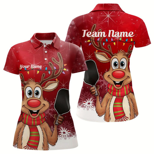 Goofygear Custom Funny Christmas Reindeer Pickleball Polo Shirts For Women, Xmas Pickleball Outfit Style 2