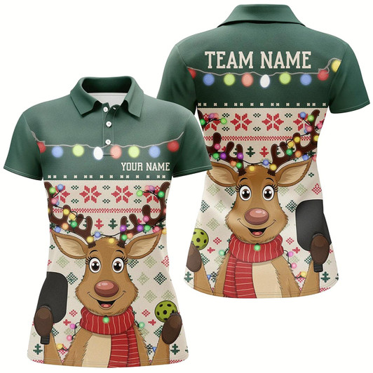 Goofygear Custom Funny Christmas Reindeer Pickleball Polo Shirts For Women, Xmas Pickleball Outfit Style 3