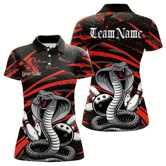 Goofygear Custom Black And Red Cobra Snake Bowling Team Polo Shirts For Women, Bowling League Shirts