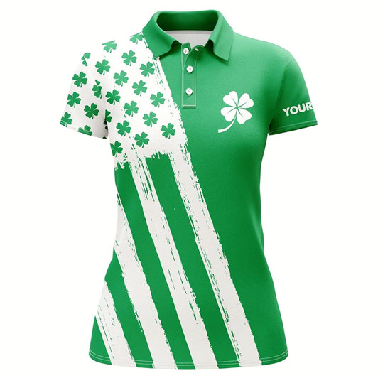 Goofygear Women Golf Polo Shirt Custom Name Green Clover American Flag St Patrick Day Golf Shirts, Golfing Gifts