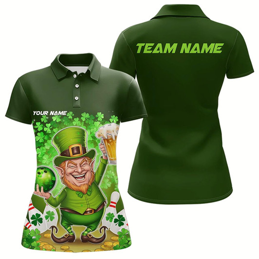 Goofygear Funny Leprechaun And Beer Custom St Patricks Day Womens Bowling Polo Shirt, Irish Bowling