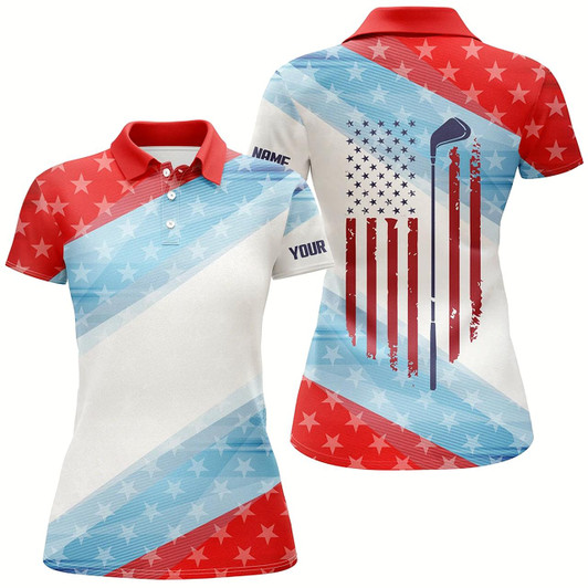 Goofygear Red White And Blue American Flag Womens Golf Polo Shirt Custom Patriotic Polo Shirts Golfing Gift