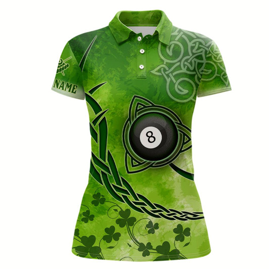 Goofygear Billiard Celtic Irish Shamrock Polo Shirts For Women Custom Name Billiard Shirt Design Green