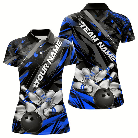 Goofygear Custom Black And Blue Bowling Polo Shirts For Women, Bowling Tournament Team Uniform