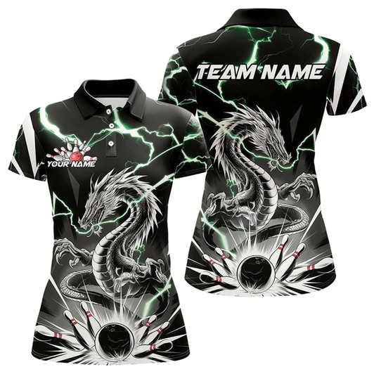 Goofygear Custom Black And Green Thunder Lightning Dragon Bowling Team Polo Shirts For Women