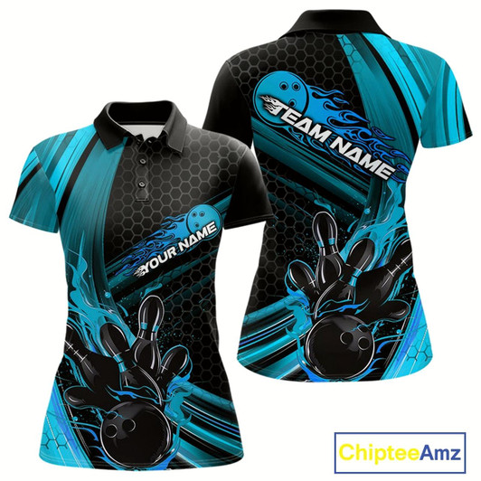 Goofygear Custom Black And Blue Flame Bowling Jerseys, Bowling Team Polo Shirts For Women