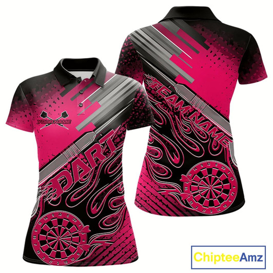 Goofygear Custom Black And Pink Flame Dartboard Dart Polo Shirts For Women, Dart Uniform