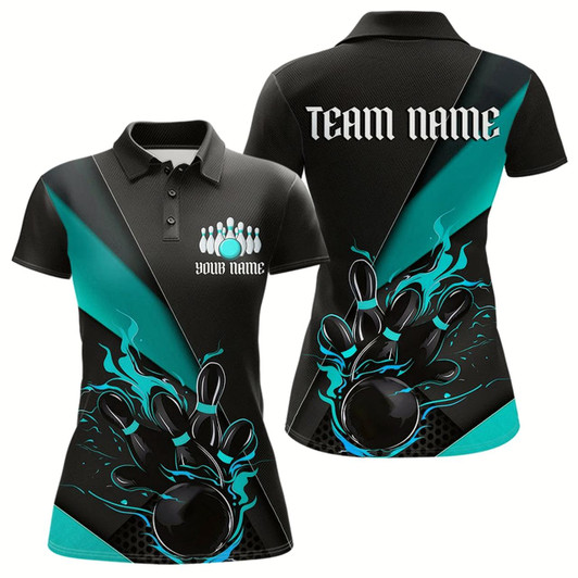 Goofygear Custom Black And Blue Flame Duckpin Bowling Team Women Polo Shirt,Bowling Tournament Outfit