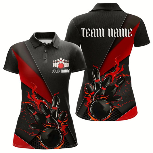 Goofygear Custom Black And Red Flame Duckpin Bowling Team Women Polo Shirt, Duckpin Tournament Outfit