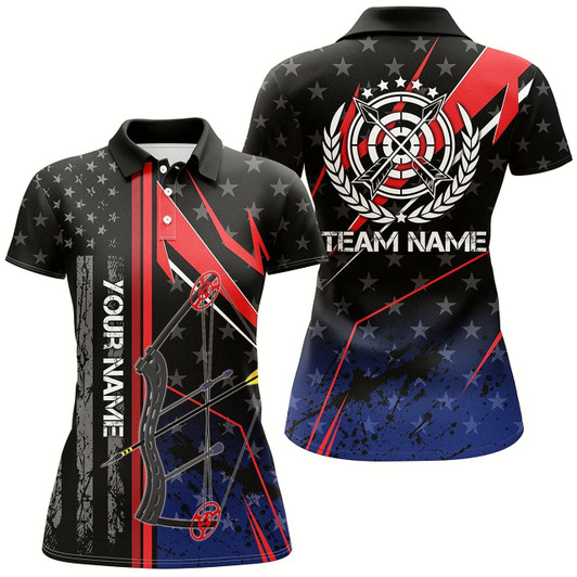 Goofygear Personalized Archery Polo Shirts For Women, Patriotic Us Flag Bow And Arrow Archery Lover Shirts