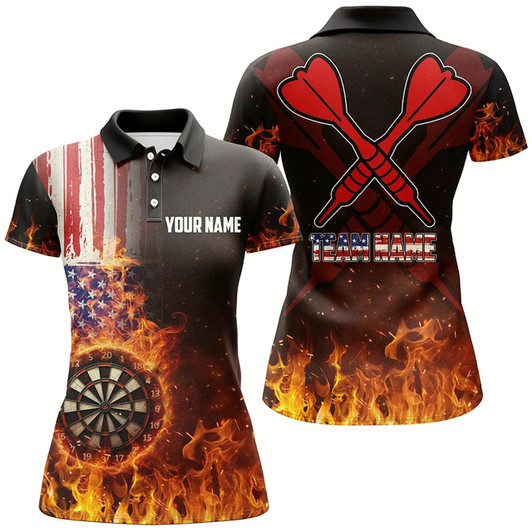 Goofygear Personalized Us Flag Fire Dartboard Dart 3D Polo Shirt For Women, Custom Patriotic Women Dart Jerseys