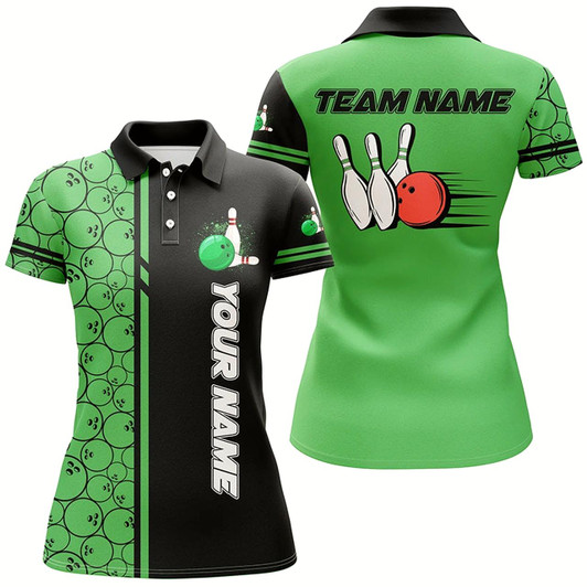 Goofygear Women Bowling Polo Shirts Custom Black And Green Camo Vintage Bowling Shirts, Women Bowling Jerseys