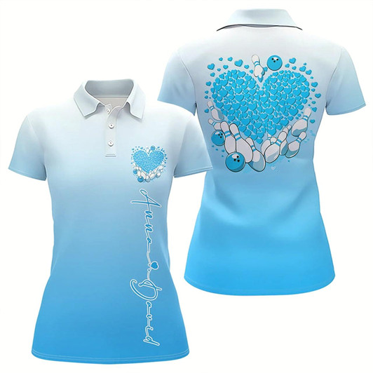 Goofygear Custom Blue Bowling Heart Polo Shirts For Women, Valentine Bowling Couple Outfits