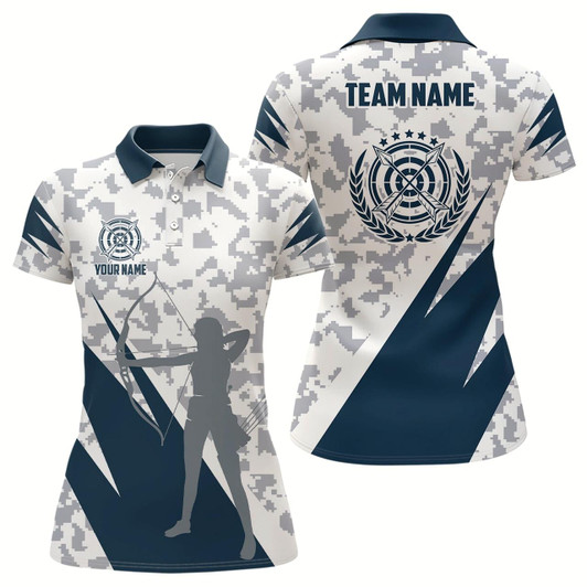 Goofygear Personalized Blue Grey Digital Camo Archery Polo Shirts For Women Custom Team Name Archery Jerseys