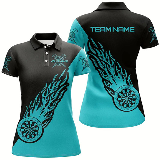 Goofygear Personalized Turquoise & Black Flame Darts Polo Shirt Darts Shirt For Women Dart Jersey