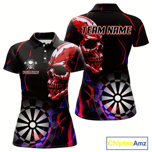 Goofygear Red Skull And Dartboard Custom Darts Polo Shirts For Women, Darts Jersey